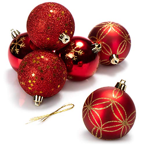 com-four ® 6x kerstballen, kerstboomballen van onbreekbaar plastic voor kerst, boomdecoraties voor de kerstboom, Ø 8 cm (rood/goudkleurig)