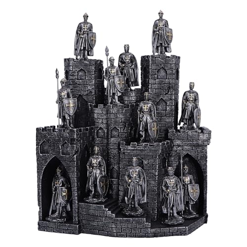 Nemesis Now Ridders van de toren display met 48 ridders beeldjes set 25 cm, hars, zilver, middeleeuws kasteel met 48 ridders figuurset, ridders koopwaar, gegoten in de fijnste hars, handgeschilderd