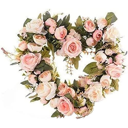 CWQDNNOQ Kerstslinger kunstmatige kerstkrans bloem hart krans pioen bloemen slinger krans voor thuis voordeur muur bruiloft decor, roze 30 cm kransen tuin kerst woondecoratie