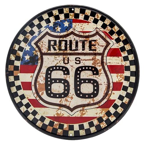 Mehr Relief-Schilder hier... Route 66, Retro US Vintage Decoratief Bord, Muurbord, Deurbord, Bar Schild, Rond 30 x 30 cm, Veelkleurig