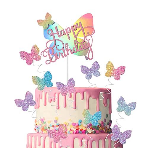 Hudiepan 11 stuks taartdecoratie vlinder, vlinder, taartdecoratie topper, taartdecoratie glitter, Happy Birthday, kleurrijke taartdecoratie, taartdecoratie