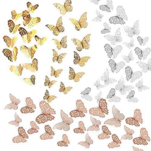 Allazone 72 stuks 3D vlinders decoratie 3D vlinder muursticker vlinder stickers voor woonkamer, kinderkamer, deuren, ramen, badkamer, roségoud, goud, zilver, 72 stuks