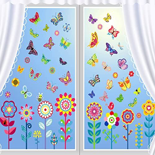 COEKI 9 vellen raamstickers, lente, 99 stuks, zelfklevende raamdecoratie, zomerdecoratie, raamstickers, bloemen, vlinders, raamdecoratie voor kinderkamer, feest