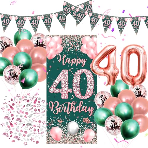 KAYEF 40e verjaardagsversieringen, 40e verjaardagsversieringen voor dames Bannerversieringen 40e verjaardag, Rose Gold Green Long Banner Background en Confetti verjaardagsversieringen