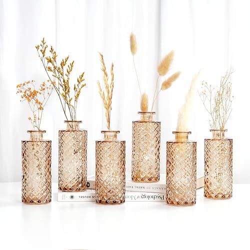 Winter Shore Diamant Stijl Amber Vazen (6 Pak) Knoppenvazen in Bulk Glazen Vazen voor Bloemen, Pampus Gras Opliggend Design Rustieke Vintage Vazen voor Tafeldecoraties, Bruiloft Kopstuk