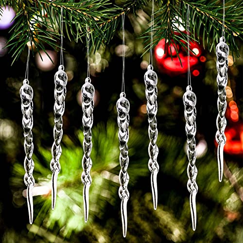 Lucywey LUCY WEI 24 stuks kerstversiering ijspegeldecoratie, kerstboomversiering, acryl ijspegels met touw, ornamenten, set, transparante ijspegeldecoratie voor bruiloften, Kerstmis, Nieuwjaar