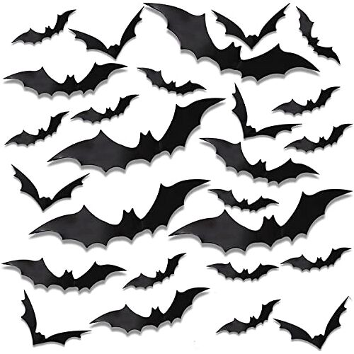 NEWZYE Halloween vleermuizen, 96 stuks Halloween vleermuis decor 3D vleermuis sticker decoraties spookachtige plastic stok op muur vleermuizen stickers voor thuis raam feest kamer decor 4 maten