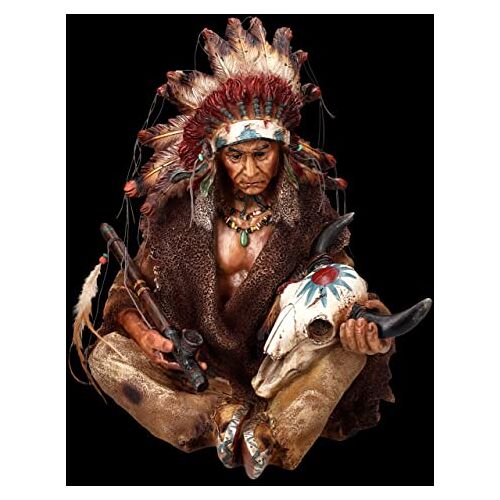 Figuren Shop GmbH Indianenfiguur met vredespijp en schedel 37 cm groot   decoratief figuur westerse wilde westen cowboy-beeld