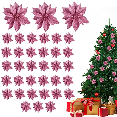 BELLE VOUS Poinsettia kunstbloemen (36 stuks) roze glitter kerstster kerstversiering voor slingers kransen kunstmatige kerstbloemen kerstboom ornamenten voor decoratie en kerstambachten