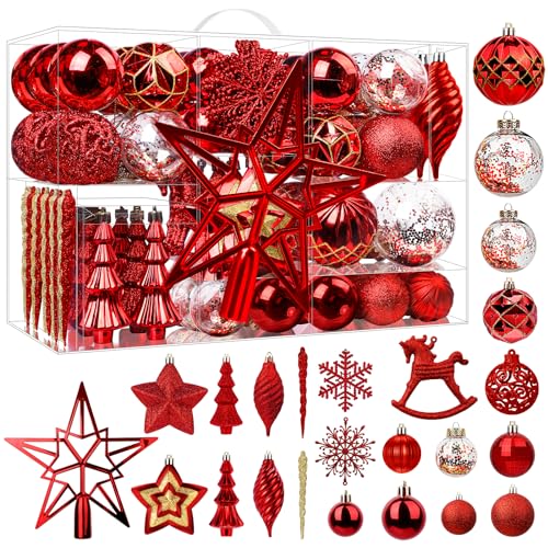 SHareconn Kerstboomdecoraties 100 CT kerstballen ornamenten, onbreekbare kunststof decoratieve ballen voor kerstboomdecoratie, vakantie bruiloft, rood