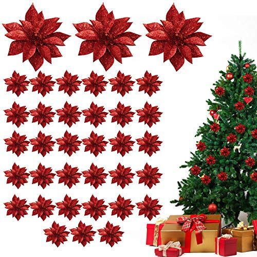 BELLE VOUS Poinsettia kunstbloemen (36 stuks) rode glitter kerstversiering voor slingers kransen kunstmatige kerstbloemen kerstboom ornamenten voor decoratie en kerstambachten