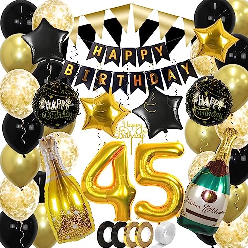 BTH 45 Jaar Feest Verjaardag Versiering Confetti Helium Ballonnen Slingers Happy Birthday Goud & Zwart Decoratie – 60 Stuks