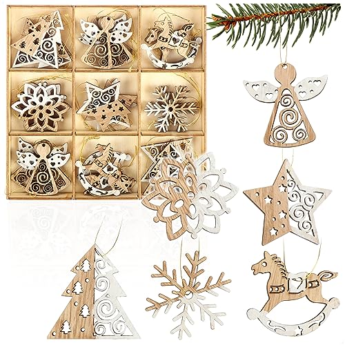 com-four ® 27-delige kerstboomversiering houten hangerset Kerstboomversiering voor het versieren van de kerstboom Kerstboomversiering (X Mas 1)
