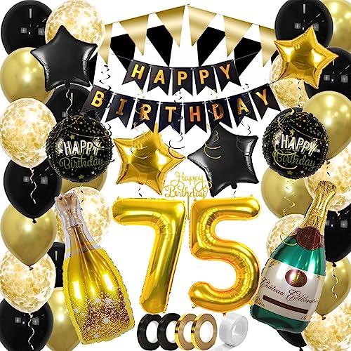 BTH 75 Jaar Feest Verjaardag Versiering Confetti Helium Ballonnen Slingers Happy Birthday Goud & Zwart Decoratie – 60 Stuks