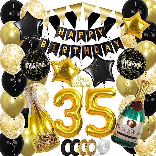 BTH 35 Jaar Feest Verjaardag Versiering Confetti Helium Ballonnen Slingers Happy Birthday Goud & Zwart Decoratie – 60 Stuks