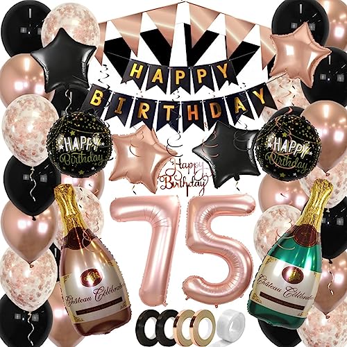 BTH 75 Jaar Feest Verjaardag Versiering Confetti Helium Ballonnen Slingers Happy Birthday Rose Goud & Zwart XL SET – 60 Stuks