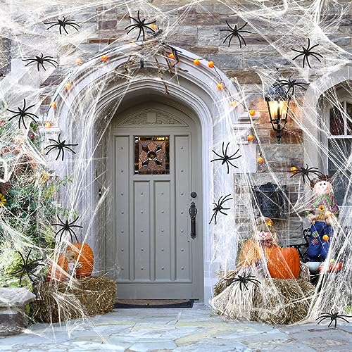 CANCJ Halloween spinnenwebdecoratie, spinnenweb Halloween (120 g) elastische spinnenwebdecoratie met 50 zwarte spinnen voor Halloween decoratie party, tafel, outdoor tuindecoratie