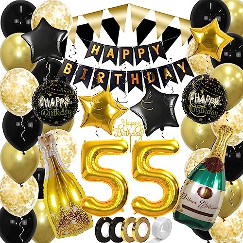 BTH 55 Jaar Feest Verjaardag Versiering Confetti Helium Ballonnen Slingers Happy Birthday Goud & Zwart Decoratie – 60 Stuks