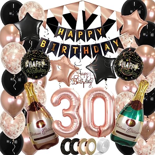 BTH 30 Jaar Feest Verjaardag Versiering Confetti Helium Ballonnen Slingers Happy Birthday Rose Goud & Zwart XL SET – 60 Stuks