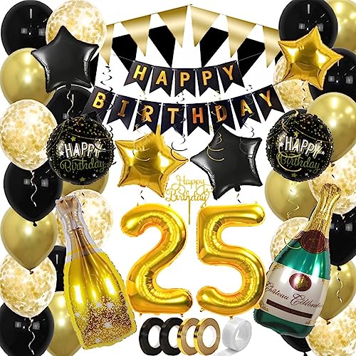 BTH 25 Jaar Feest Verjaardag Versiering Confetti Helium Ballonnen Slingers Happy Birthday Goud & Zwart Decoratie – 60 Stuks