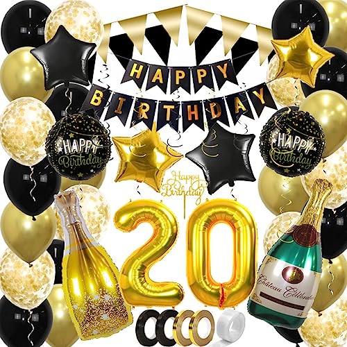 BTH 20 Jaar Feest Verjaardag Versiering Confetti Helium Ballonnen Slingers Happy Birthday Goud & Zwart Decoratie – 60 Stuks