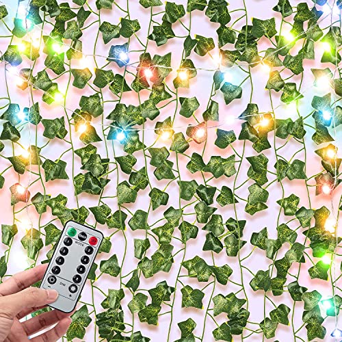 GUJIN Ivy kunstplanten, 12 stuks groene bladeren, klimop, wijnstok met 100 leds, klimop, slinger, hangende klimop, voor bruiloft, keuken, tuin, feest, wanddecoratie