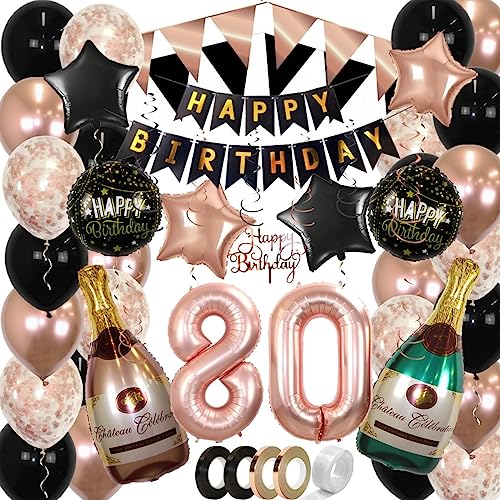 BTH 80 Jaar Feest Verjaardag Versiering Confetti Helium Ballonnen Slingers Happy Birthday Rose Goud & Zwart XL SET – 60 Stuks