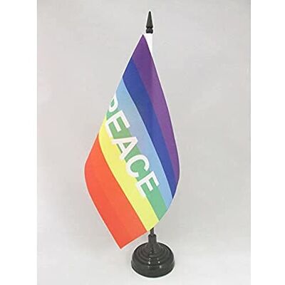 AZ FLAG Regenboog Vredesletter Tafelvlag 14x21 cm Vredesvlag 21 x 14 cm Zwarte plastic stok en voet AZ FLAG Regenboog Vredesletter Tafelvlag 14x21 cm Vredesvlag 21 x 14 cm Zwarte plastic stok en voet
