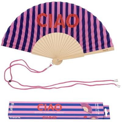 Fisura Originele waaier met boodschap Ciao. Moderne en kleurrijke houten waaiers, glitter-handventilator met blauwe en roze strepen, inclusief hanger, grappig cadeau-idee, 42,5 x 23 cm Fisura Originele waaier met boodschap Ciao. Moderne en kleurrijke houten waaiers, glitter-handventilator met blauwe en roze strepen, inclusief hanger, grappig cadeau-idee, 42,5 x 23 cm