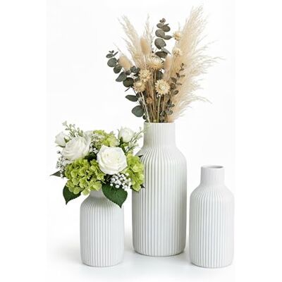 Relaxdays set van 3 bloemenvazen keramiek, verschillende maten, voor bloemen, droogbloemen en paastakken, wit, 20x9x9 cm Relaxdays set van 3 bloemenvazen keramiek, verschillende maten, voor bloemen, droogbloemen en paastakken, wit, 20x9x9 cm