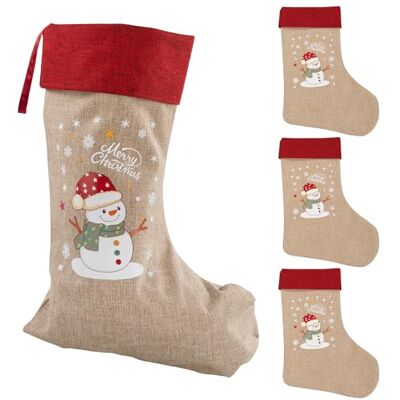 Idena 90475 Kerstkousen ca. 31 x 46 cm, 4 stuks, stoffen kousen in rood en bruin met sneeuwpopmotief en Vrolijk Kerstfeest opschrift, sok met rode lus Idena 90475 Kerstkousen ca. 31 x 46 cm, 4 stuks, stoffen kousen in rood en bruin met sneeuwpopmotief en Vrolijk Kerstfeest opschrift, sok met rode lus