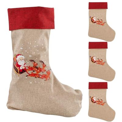 Idena 90477 Kerstkousen ca. 31 x 46 cm, 4 stuks, stoffen kousen in rood en bruin met kerstman in rendierslee en opschrift Merry Christmas, sok met rode lus Idena 90477 Kerstkousen ca. 31 x 46 cm, 4 stuks, stoffen kousen in rood en bruin met kerstman in rendierslee en opschrift Merry Christmas, sok met rode lus