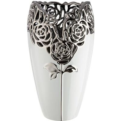 GILDE Vaas Rose keramiek hoogte 32cm x Ø 18cm wit geglazuurd met rozenmotief decoratieve vaas GILDE Vaas Rose keramiek hoogte 32cm x Ø 18cm wit geglazuurd met rozenmotief decoratieve vaas