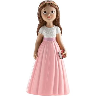 dekora Taartfiguur voor de eerste communie, decoratie voor meisjes, met roze rok van 16 cm, taarttopper voor communie van voedselveilige hars dekora Taartfiguur voor de eerste communie, decoratie voor meisjes, met roze rok van 16 cm, taarttopper voor communie van voedselveilige hars