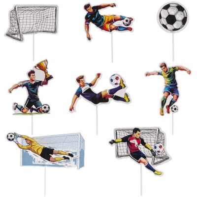 dekora Taartdecoratie Voetbal, papieren cake toppers voor kinderfeestje verjaardag, set 16 stuks (8 designs) spelers bal en doel, voetbal verjaardag decoratie dekora Taartdecoratie Voetbal, papieren cake toppers voor kinderfeestje verjaardag, set 16 stuks (8 designs) spelers bal en doel, voetbal verjaardag decoratie