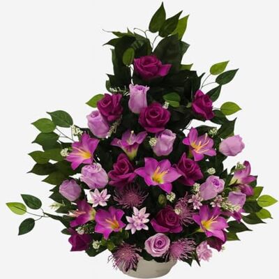 DRW Kunstbloemencentrum voor bruiloften, kerken, begraafplaatsen met daglelies en rozen, violet, 75 x 70 x 28 cm DRW Kunstbloemencentrum voor bruiloften, kerken, begraafplaatsen met daglelies en rozen, violet, 75 x 70 x 28 cm