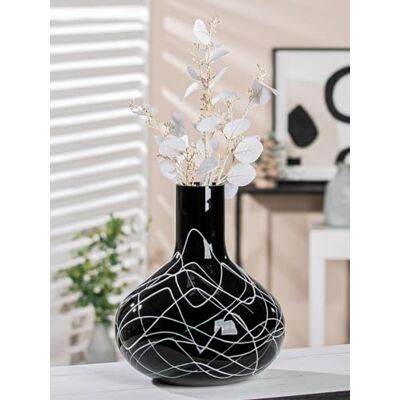 GILDE Decoratieve Vaas Zwart Wit Moderne Glazen Bloemenvaas, Decoratief Object Handgemaakt Van Gekleurd Glas Hoogte 28 cm GILDE Decoratieve Vaas Zwart Wit Moderne Glazen Bloemenvaas, Decoratief Object Handgemaakt Van Gekleurd Glas Hoogte 28 cm