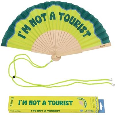 Fisura Originele waaier met opschrift "I'm not a tourist", moderne kleurrijke houten waaiers, groene handventilator inclusief hanger, grappig cadeau-idee, 42,5 x 23 cm Fisura Originele waaier met opschrift "I'm not a tourist", moderne kleurrijke houten waaiers, groene handventilator inclusief hanger, grappig cadeau-idee, 42,5 x 23 cm