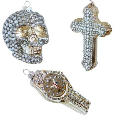 Dekohelden24 Lauschaer Kerstboomversiering, set van 3 glazen sieraden, kruis, doodskop en klok, kerstballen Lauscha, glazen ballen, kerstboomballen, glazen ornamenten van Lauscha, van 8 tot 13 cm. Dekohelden24 Lauschaer Kerstboomversiering, set van 3 glazen sieraden, kruis, doodskop en klok, kerstballen Lauscha, glazen ballen, kerstboomballen, glazen ornamenten van Lauscha, van 8 tot 13 cm.