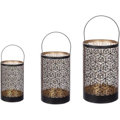 GILDE Set van 3 windlichten kubus van metaal cilindrisch zwart hoogte 43cm Ø 25cm honingraatpatroon GILDE Set van 3 windlichten kubus van metaal cilindrisch zwart hoogte 43cm Ø 25cm honingraatpatroon