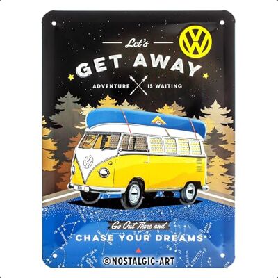 ART Metalen Retro Bord, Volkswagen Bulli T1 – Get Away – Geschenkidee voor VW-bus, van metaal, Vintage ontwerp voor decoratie, 15 x 20 cm ART Metalen Retro Bord, Volkswagen Bulli T1 – Get Away – Geschenkidee voor VW-bus, van metaal, Vintage ontwerp voor decoratie, 15 x 20 cm