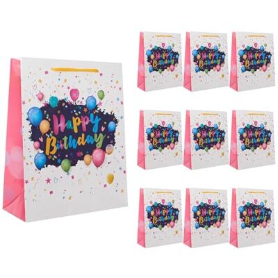 Idena 90247 Cadeauzakjes Happy Birthday ballonnen, 10 stuks, cadeauzakjes in de maat 18 x 23 x 8 cm, papieren zakjes met belettering en kleurrijke ballonnen Idena 90247 Cadeauzakjes Happy Birthday ballonnen, 10 stuks, cadeauzakjes in de maat 18 x 23 x 8 cm, papieren zakjes met belettering en kleurrijke ballonnen