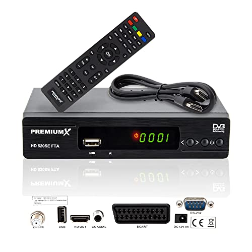 PremiumX Satellietontvanger HD 520SE FTA digitale satellietontvanger DVB-S2 FullHD HDMI SCART USB multimediaspeler, Astra Hotbird voorgeprogrammeerd