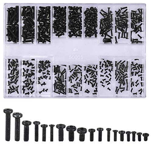 Cozlly 500 stuks pc-schroeven set computerschroeven M2 schroeven set M1.2 M1.4 laptop schroeven platte kopschroeven zwart mini-schroeven schroevenset voor laptop met opslag