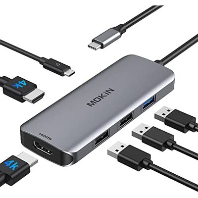 MOKiN 6-in-1 USB-C-hub dual HDMI-adapter met 2 x 4K HDMI, 3 USB-poorten, type C-voedingsaansluiting, compatibel met DELL/HP MOKiN 6-in-1 USB-C-hub dual HDMI-adapter met 2 x 4K HDMI, 3 USB-poorten, type C-voedingsaansluiting, compatibel met DELL/HP