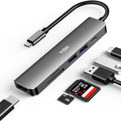 YISH USB C Hub 6-in-1 docking station: USB 3.0 Hub met PD100W, 4K HDMI, 2x USB A, SD/TF-kaartlezer voor desktop, laptop, toetsenborden, USB-sticks, mobiele HDD, grijs YISH USB C Hub 6-in-1 docking station: USB 3.0 Hub met PD100W, 4K HDMI, 2x USB A, SD/TF-kaartlezer voor desktop, laptop, toetsenborden, USB-sticks, mobiele HDD, grijs