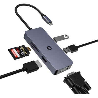 BIGBIG WON USB C Adapter HUB, USB C adapter, 6-in-1 hub, USB C naar HDMI VGA Dual Monitor Adapter met VGA, HDMI, 2 x USB 2.0, SD/TF, compatibel met Windows en iOS-systemen BIGBIG WON USB C Adapter HUB, USB C adapter, 6-in-1 hub, USB C naar HDMI VGA Dual Monitor Adapter met VGA, HDMI, 2 x USB 2.0, SD/TF, compatibel met Windows en iOS-systemen
