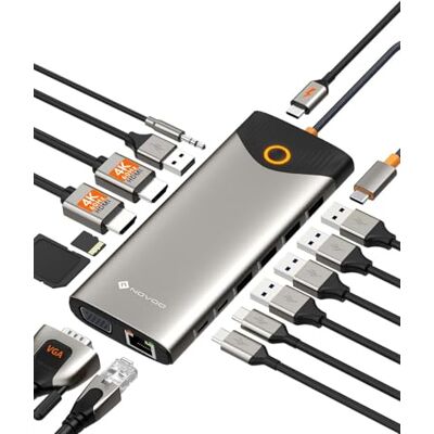 NOVOO Docking dockingstation USB C, 15-in-1 , 2 HDMI 4K @60Hz, VGA, USB-C/A 5Gbps, SD/TF-speler, Gigabit Ethernet, 100 W PD – externe knop, multifunctioneel dock voor laptop, MacBook NOVOO Docking dockingstation USB C, 15-in-1 , 2 HDMI 4K @60Hz, VGA, USB-C/A 5Gbps, SD/TF-speler, Gigabit Ethernet, 100 W PD – externe knop, multifunctioneel dock voor laptop, MacBook