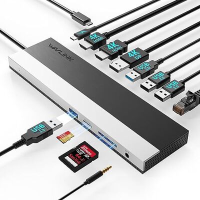 WAVLINK USB C Docking Station 3 monitoren, docking station met Dual HDMI, DP, 100W PD, USB3.0&2.0, RJ45, SD/TF-sleuven, audio/microfoon, alleen compatibel met Windows Computer WAVLINK USB C Docking Station 3 monitoren, docking station met Dual HDMI, DP, 100W PD, USB3.0&2.0, RJ45, SD/TF-sleuven, audio/microfoon, alleen compatibel met Windows Computer