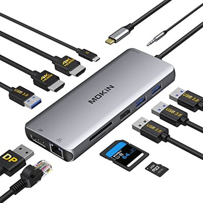 MOKiN 12-in-1 USB C-dockingstation, dubbele monitor met drievoudig display, 2 HDMI, DisplayPort, 100 W PD, 4 USB, Gigabit Ethernet, SD/TF, audiopoort, multipoort-adapter voor HP/Dell/Lenovo MOKiN 12-in-1 USB C-dockingstation, dubbele monitor met drievoudig display, 2 HDMI, DisplayPort, 100 W PD, 4 USB, Gigabit Ethernet, SD/TF, audiopoort, multipoort-adapter voor HP/Dell/Lenovo